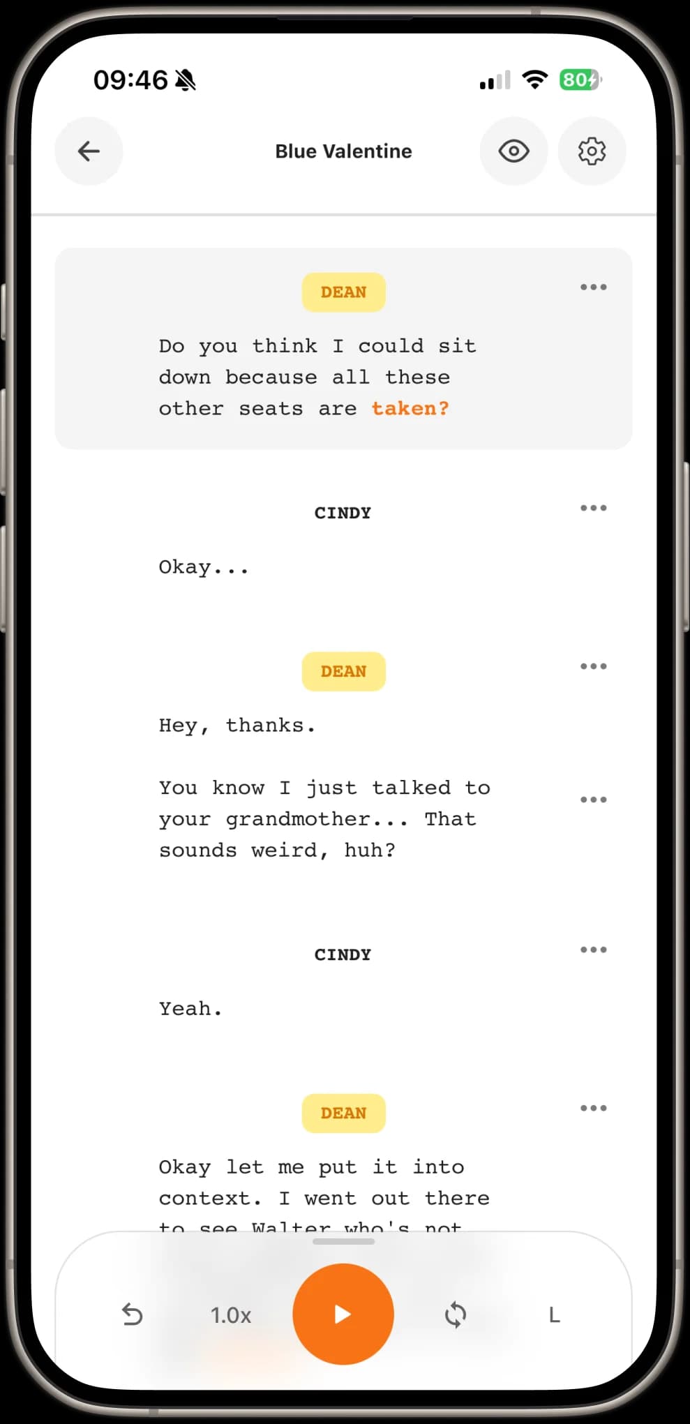 Linus table read screen on iPhone with AI scene partner dialogue