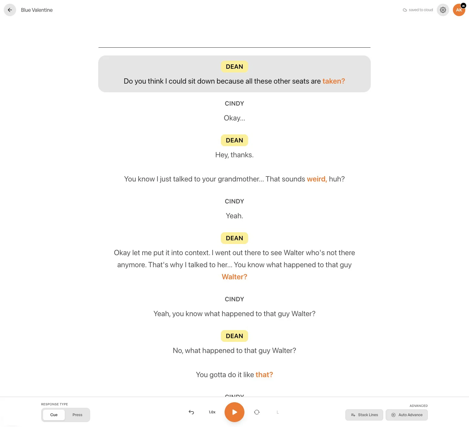 Linus table read mode on the web app for script rehearsal